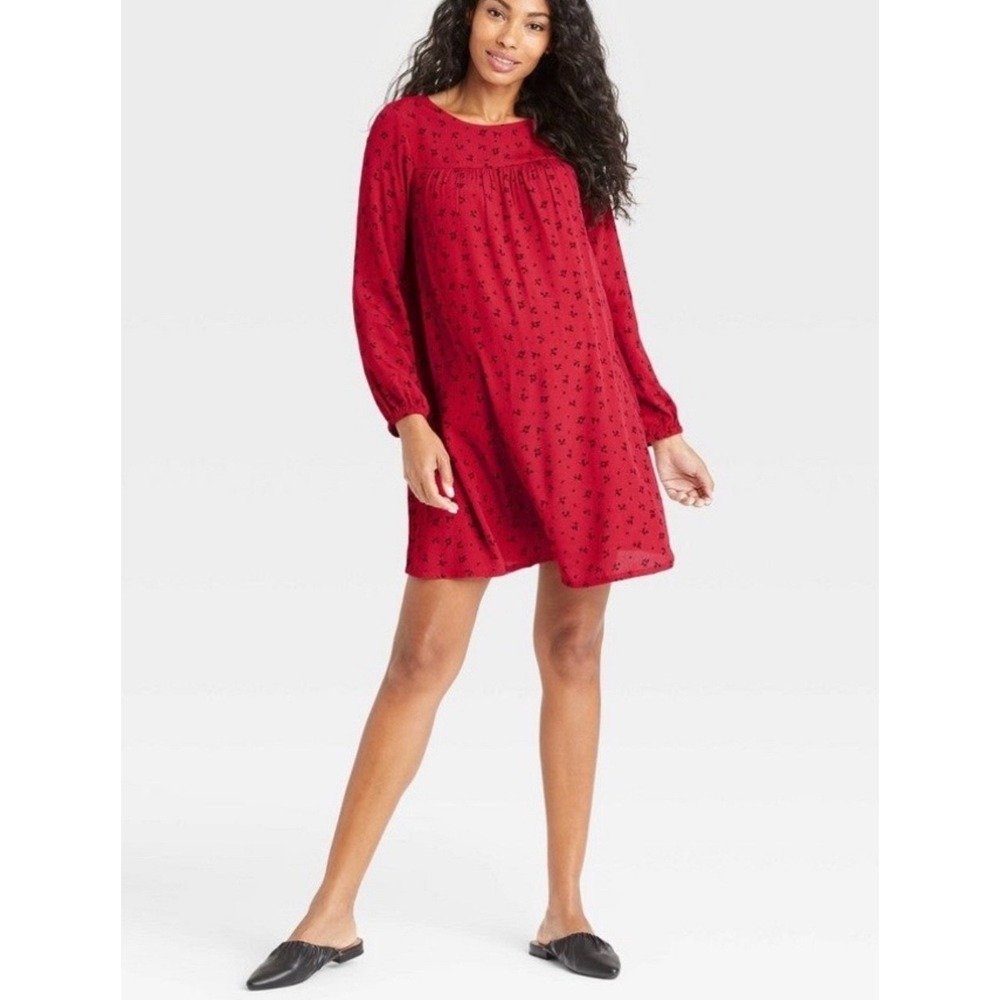 The‎ Nines by Hatch Red Floral Print Long Sleeve Casual Mini Dress